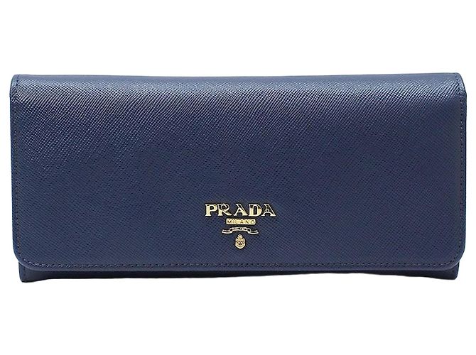 Prada Blue Saffiano Gold Logo Long Wallet