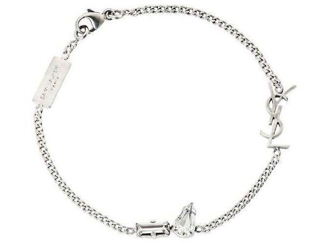 Saint Laurent Bracciale charm monogramma argento e strass 