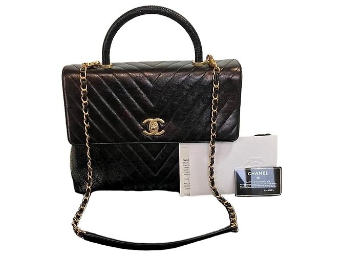 Chanel Pelle di vitello Chevron Coco Handle Oro Large Nero