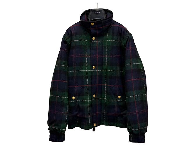 Céline Jaqueta acolchoada oversized em lã tartan Preto