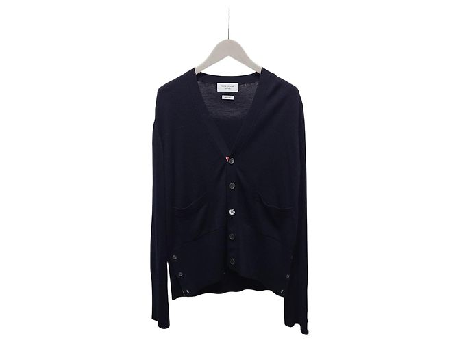 Thom Browne Navy Diagonal Stripe Cuff Wool Cardigan Blue