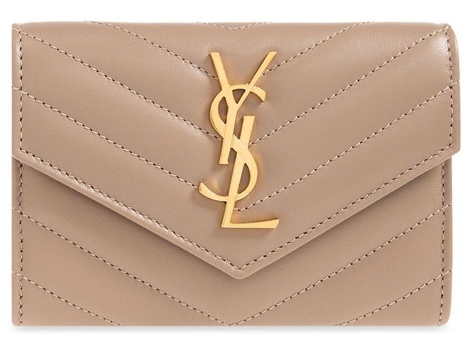 Saint Laurent Monogram Small Flap Wallet in Smooth Leather Quilted Wallet Dusty Grey Brown