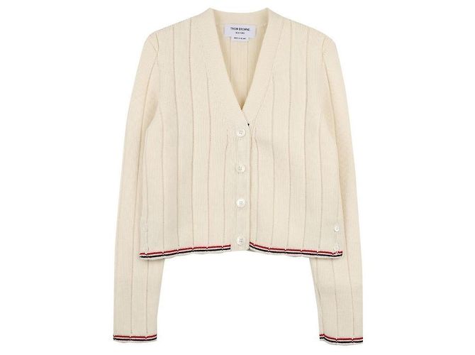 Thom Browne Leder-Pool-Nadel-Rippstrick-Cardigan Weiß