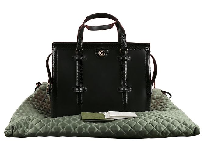 Gucci Tote Bag aus schwarzem Leder mit Python-Besatz