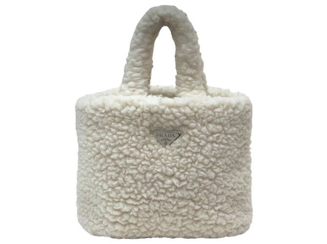 Prada Sac Tote Triangle Logo em lã, cashmere e shearling, Marfim Branco