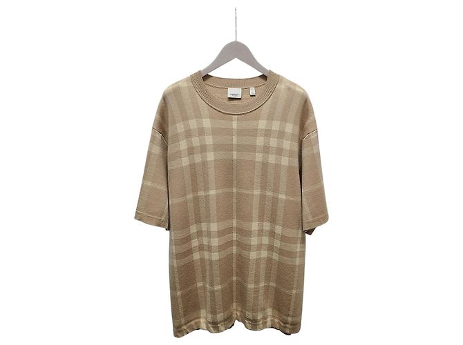 Burberry Kurzärmeliges Strickoberteil mit beigem Karomuster Braun