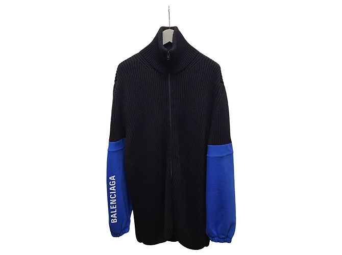 Balenciaga Black Blue Logo Knit Zip Jacket
