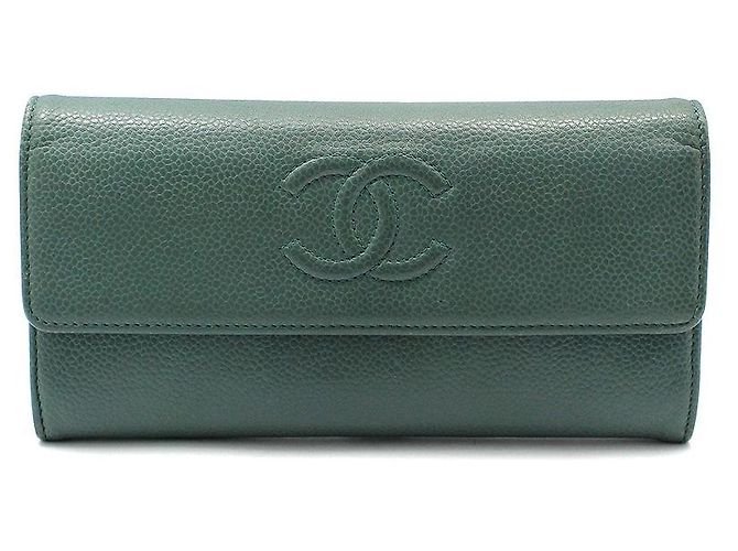 Chanel Green Caviar Timeless CC Logo Flap Long Wallet