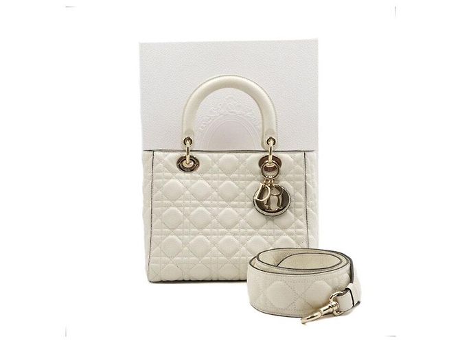 Dior Lady Medium Tote Bag and Shoulder Bag White