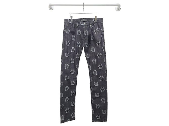 Versace Medusa Multi Lettering Logo Black Denim Pants Blue