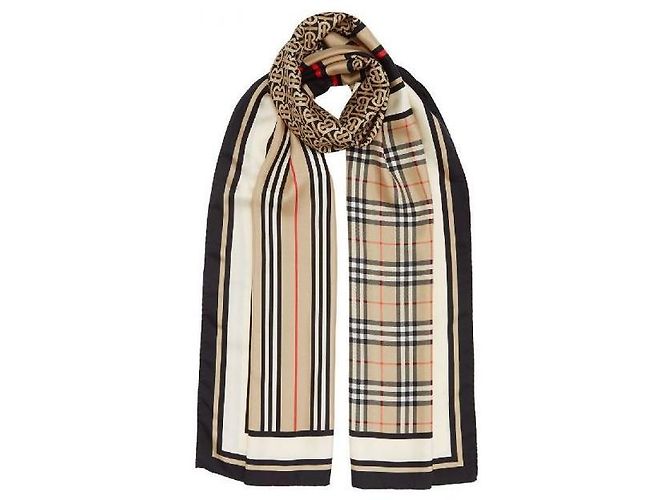 Burberry Sciarpa in seta con stampa monogramma, righe e quadretti Marrone