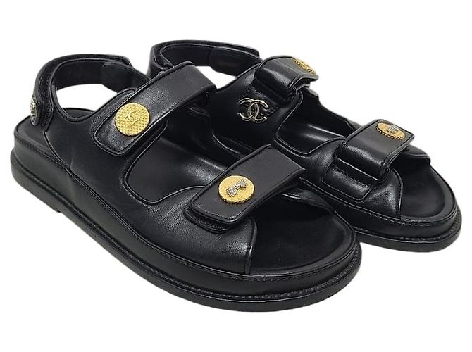 Chanel Black Lettering Patch Leather Strap Velcro Sandals