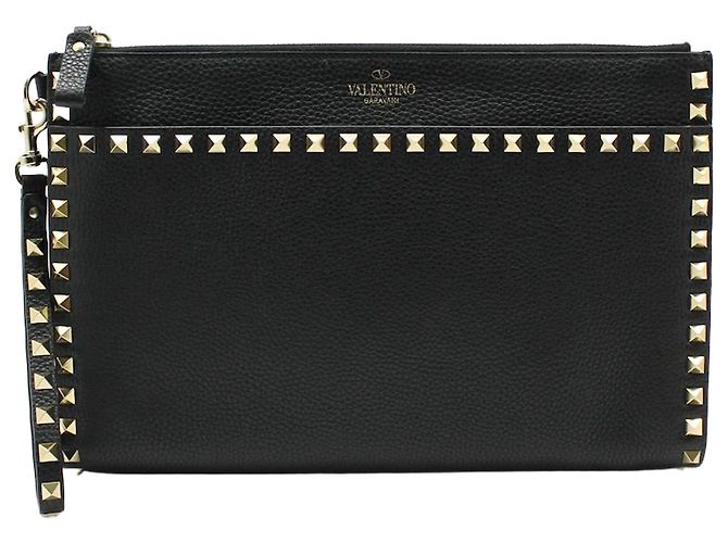 Valentino Schwarze Leder-Clutch mit goldener Schloss-Stecker-Schlaufe