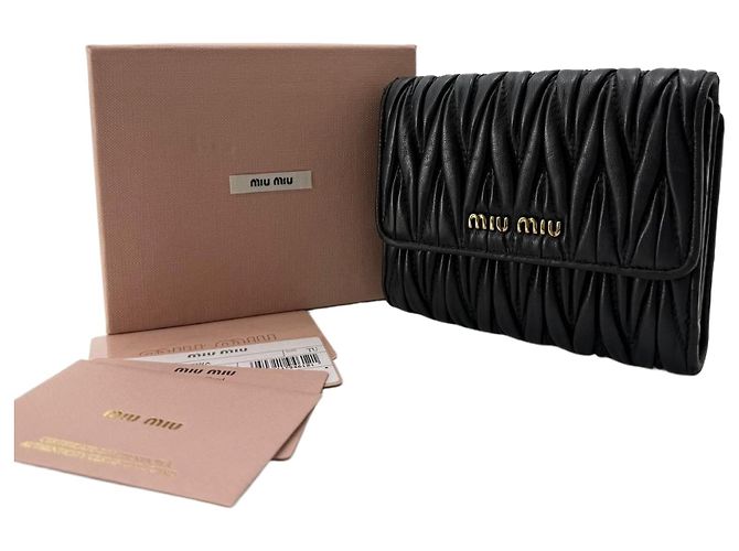Miu Miu Matelasse Leather Wallet with Gold Logo Black