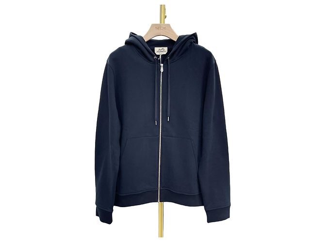 Hermès Felpa con cappuccio e zip Ex Libris Silk Patch Navy Blu