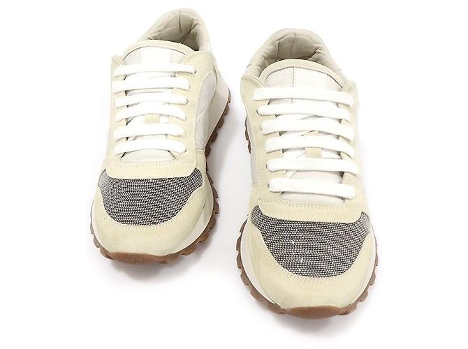 Brunello Cucinelli Weiße Wildleder-Techno-Stoff Damen-Sneaker