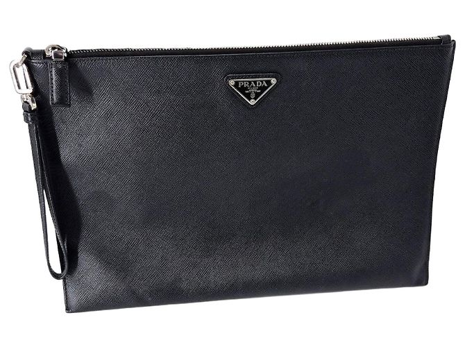 Prada Pochette Saffiano Triangle Logo Black Noir