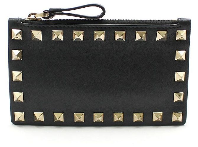 Valentino Black Leather Gold Rockstud Zip Card Wallet