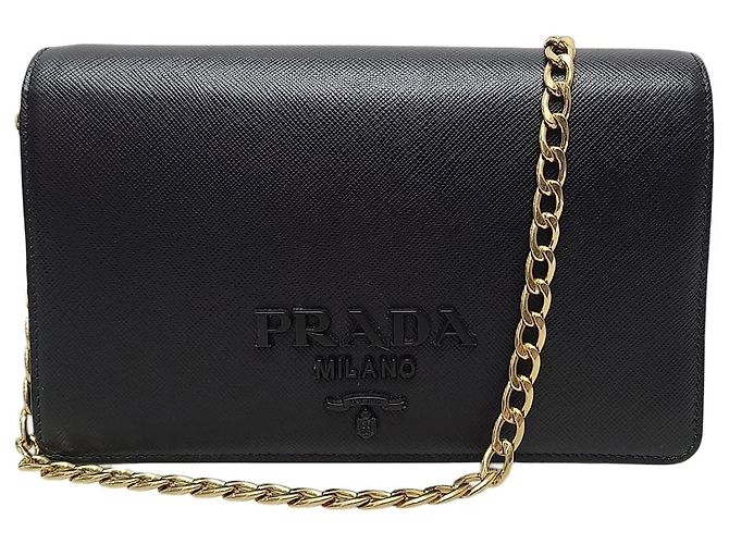 Prada Bolsa Transversal Black Saffiano Monochrome Chain Preto