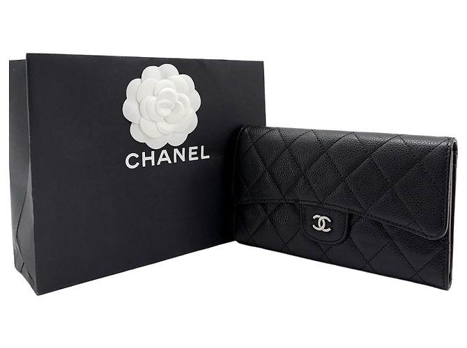 Chanel Classic Caviar Silver Flap Long Wallet Black