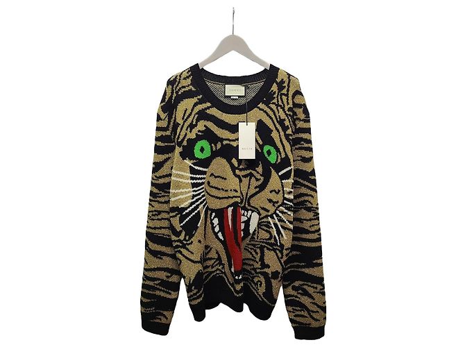 Gucci Kollektion Rundstrickpullover mit schwarzem Intarsia-Jaguar-Muster