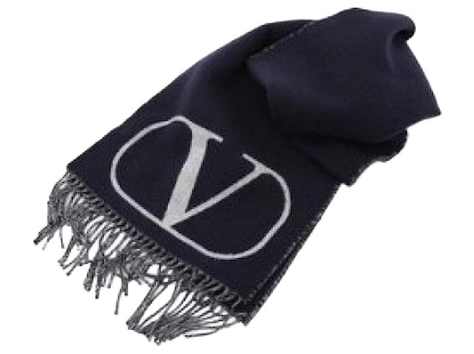 Valentino Sciarpa in lana e cashmere con logo Blu