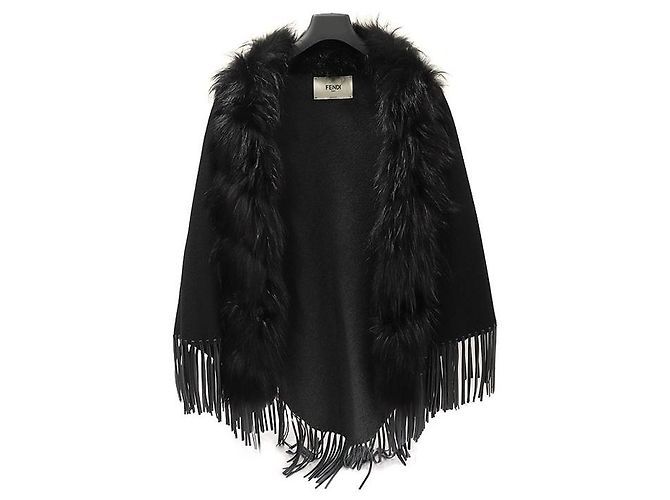 Fendi Poncho Cape de lã e cashmere preto com pele de raposa Marrom