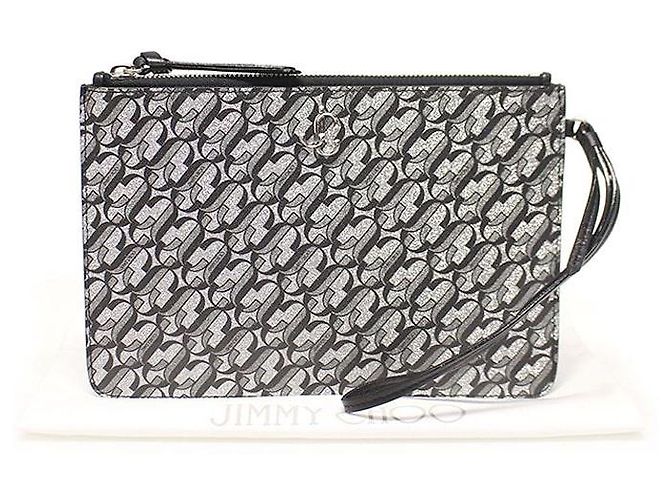 Jimmy Choo Clutch FARA in pelle nera con monogramma JC argento e glitter nero