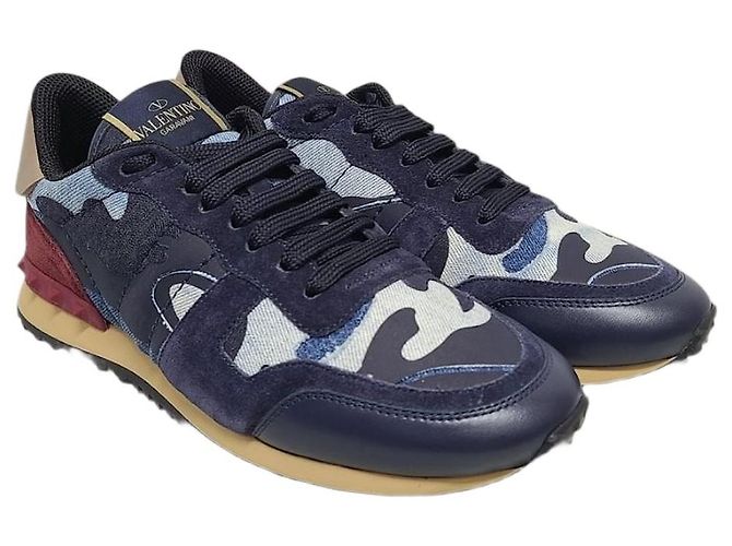 Valentino Baskets Rockstud en denim camouflage Bleu