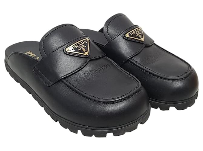 Prada Black Triangular Logo Leather Mule