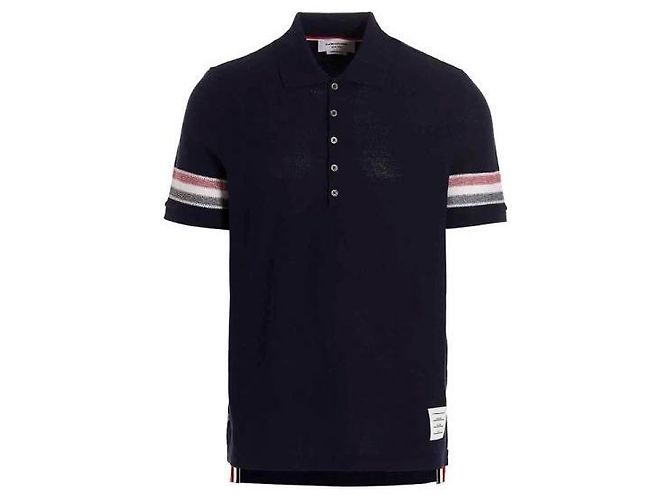 Thom Browne Kurzärmeliges Polohemd aus strukturierter Baumwolle mit Besatz Blau