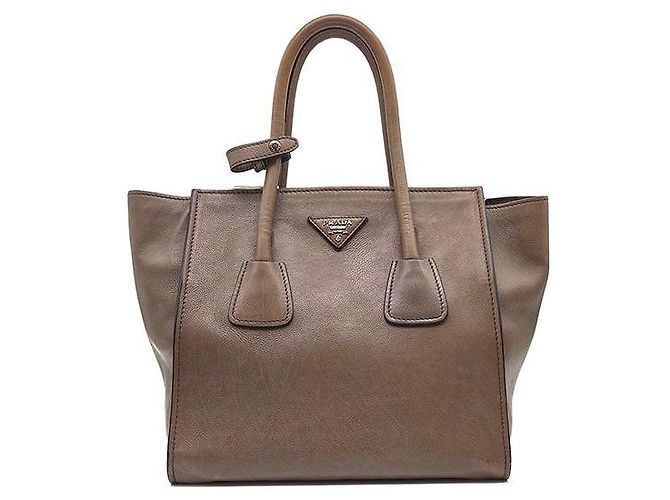 Prada Glace Kalbsleder Double Handle Tote und Schultertasche Braun