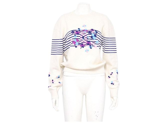 Chanel Gestreickter Cashmere-Pullover mit Blumenmuster für Damen mit Rundhalsausschnitt Weiß