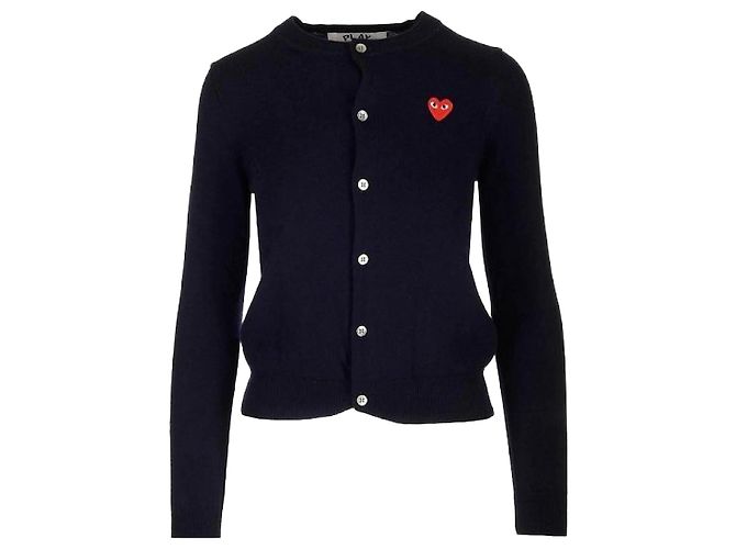 Comme Des Garcons Cardigan de lã com patch de coração vermelho (AX Azul