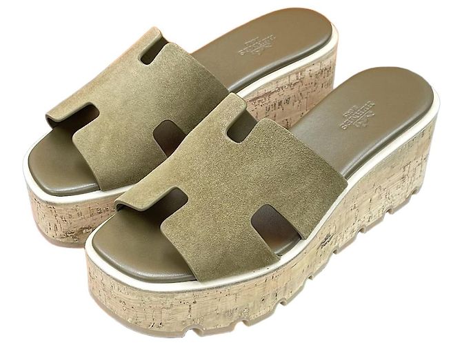Hermès Sandálias Eje em camurça Khaki Marrom