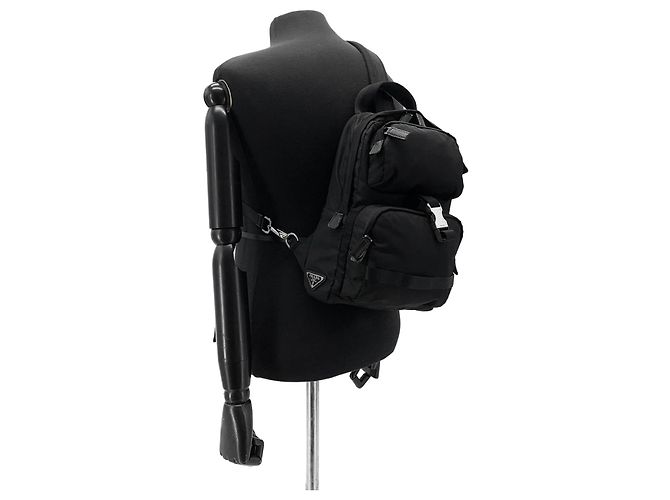 Double Prada Re-Nylon Triangle Logo Slingback Backpack Black