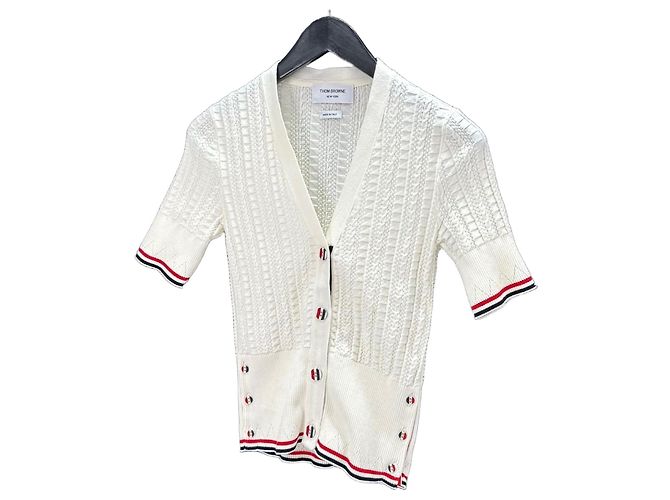 Thom Browne Kurzärmeliger Zopfstrick-Cardigan weiß