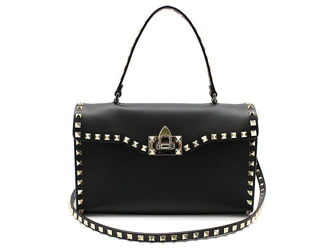 Valentino Black Leather Gold Rockstud Single Handle Small Shoulder Bag