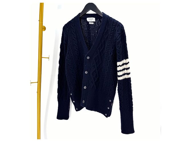 Thom Browne Diagonal Aran Cable Cardigan Navy Blue