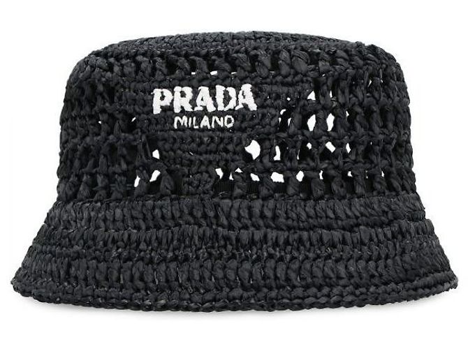 Prada Raffia Bucket Hat Black