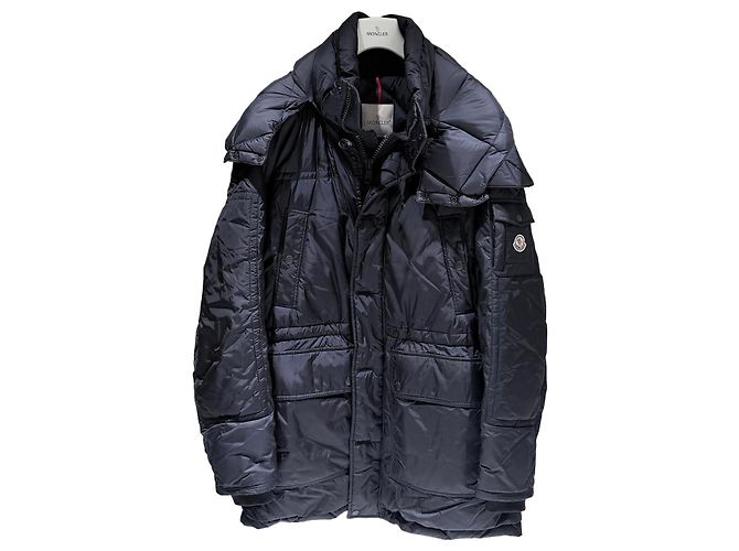 Moncler Jaqueta de pluma longa com capuz e patch Logo Navy Azul
