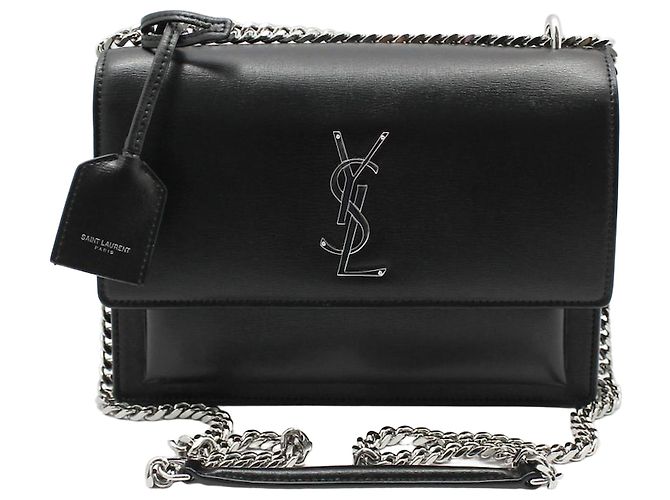Saint Laurent Borsa a tracolla con catena media Monogram Sunset nero e argento