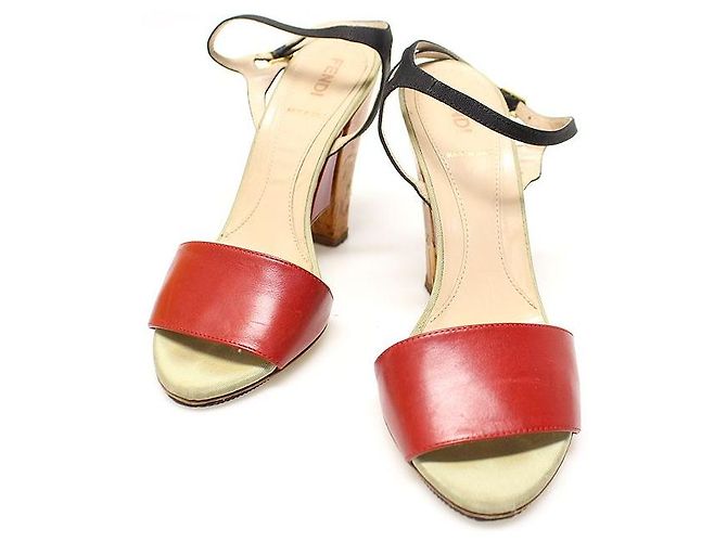 Fendi Red Leather Multi-Color Satin Trimming Strap Women's Sandals