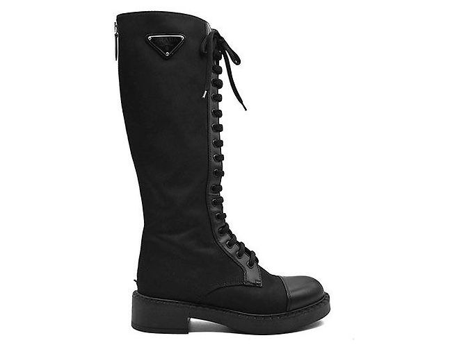 Prada Botas de cano alto com amarração em nylon escovado Preto