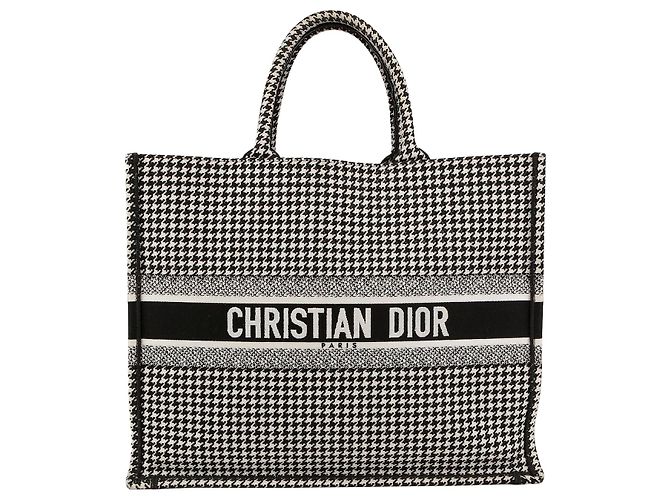 Dior Large Black White Houndstooth Embroidered Book Tote Bag