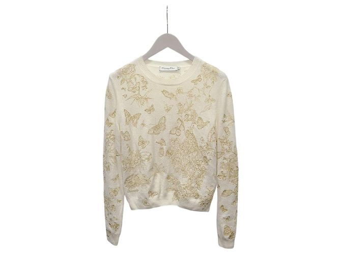 Dior Pull en maille cachemire brodé avec motif papillon en or blanc