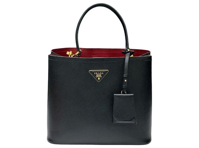 Prada Sac à épaule double Saffiano Panier Large Noir