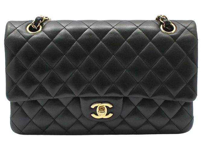Chanel Borsa a Spalla Classic Medium in Pelle di Agnello Nera e Oro Nero