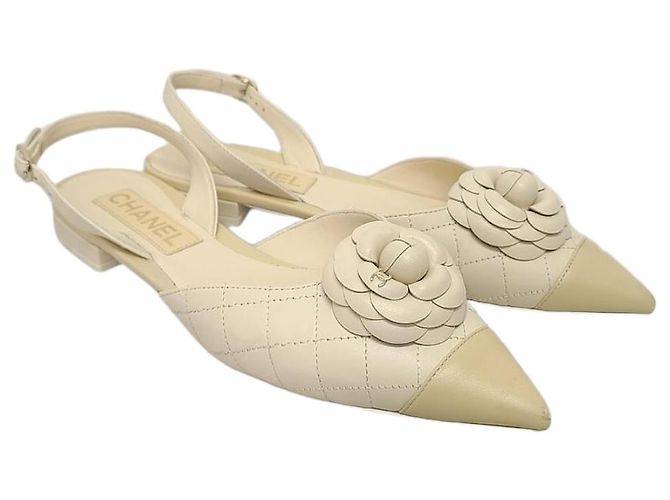 Chanel Beige Lambskin Two-Tone Camellia Flat Slingback Brown