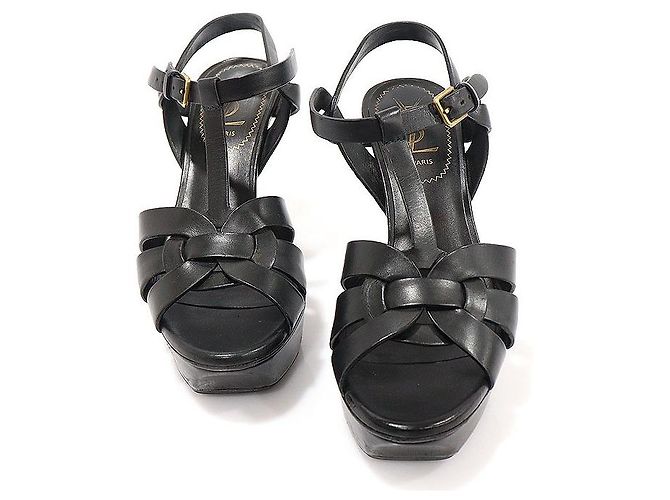 Saint Laurent Black Leather Tribute Platform Strap Women's Sandals